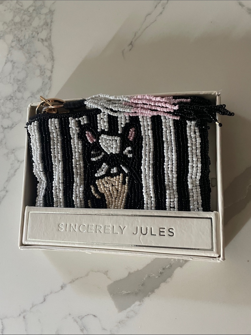 Sincerely Jules Beaded Stripe Coin Pouch - Black & White with Pink Accent